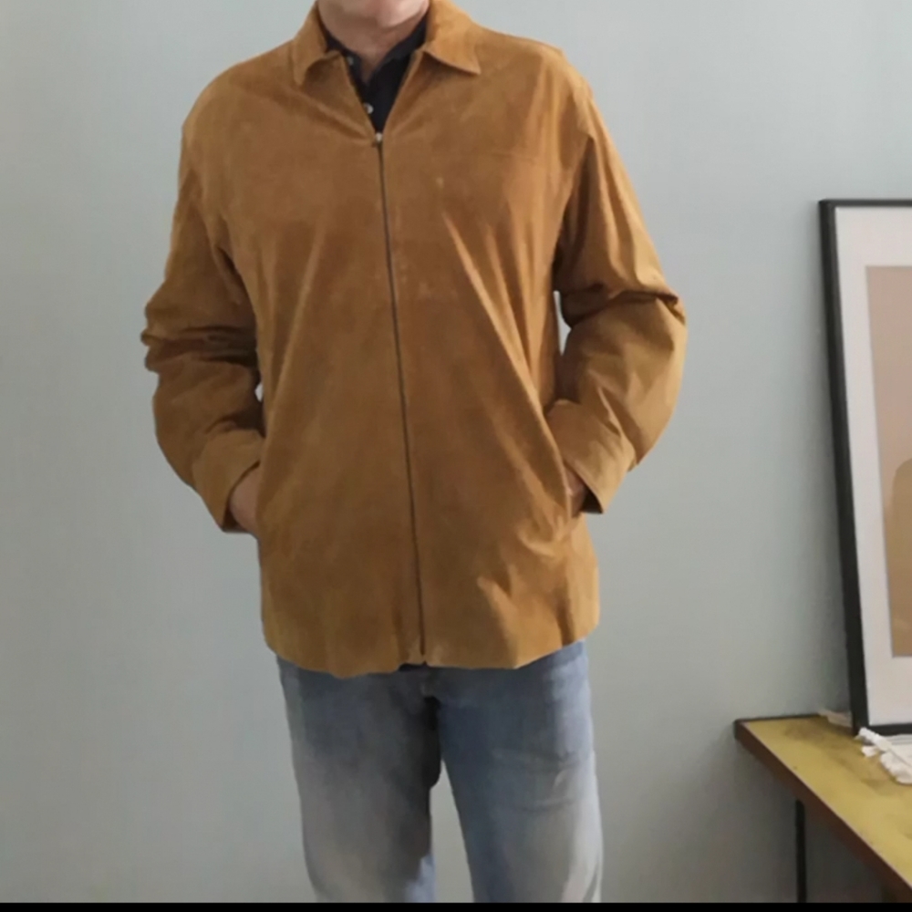 Tan brown suede jacket for a relaxed look